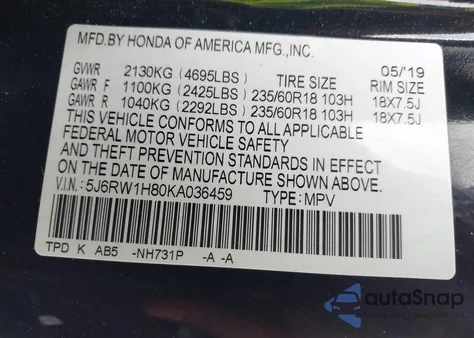 2019 Honda Cr-V Ex-L из США, поврежденный, VIN 5J6RW1H80KA036459